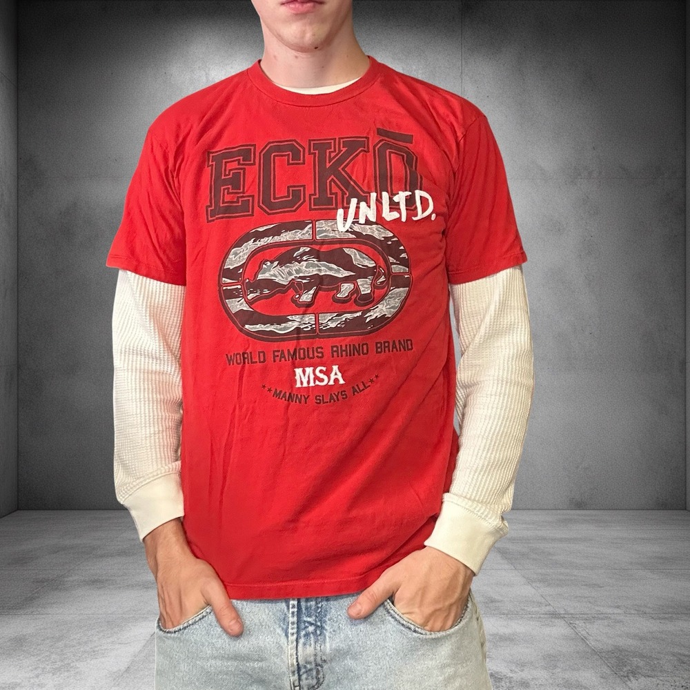 Ecko Unltd Vintage Y2K Red Graphic T-Shirt Mens Large Rhino Logo Streetwear Tee